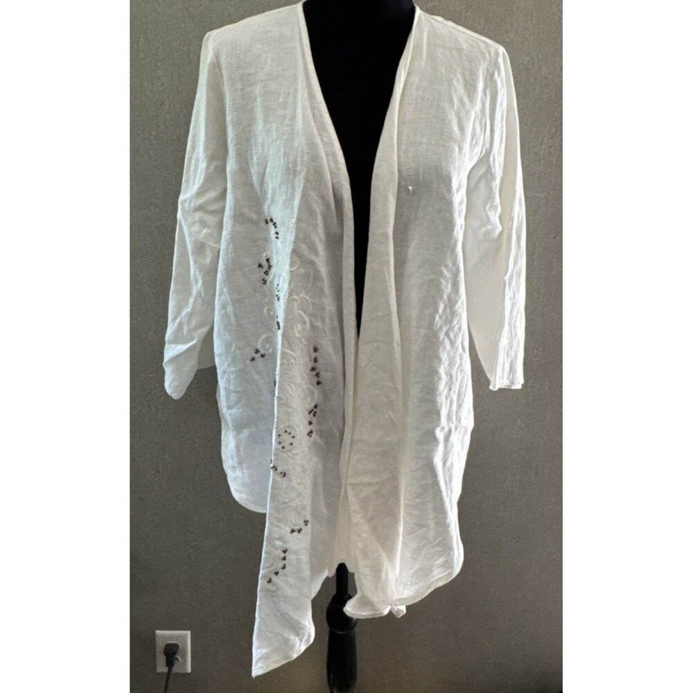 Peck & Peck 100% Linen Jacket Large White Embroidered Open Front Kimono